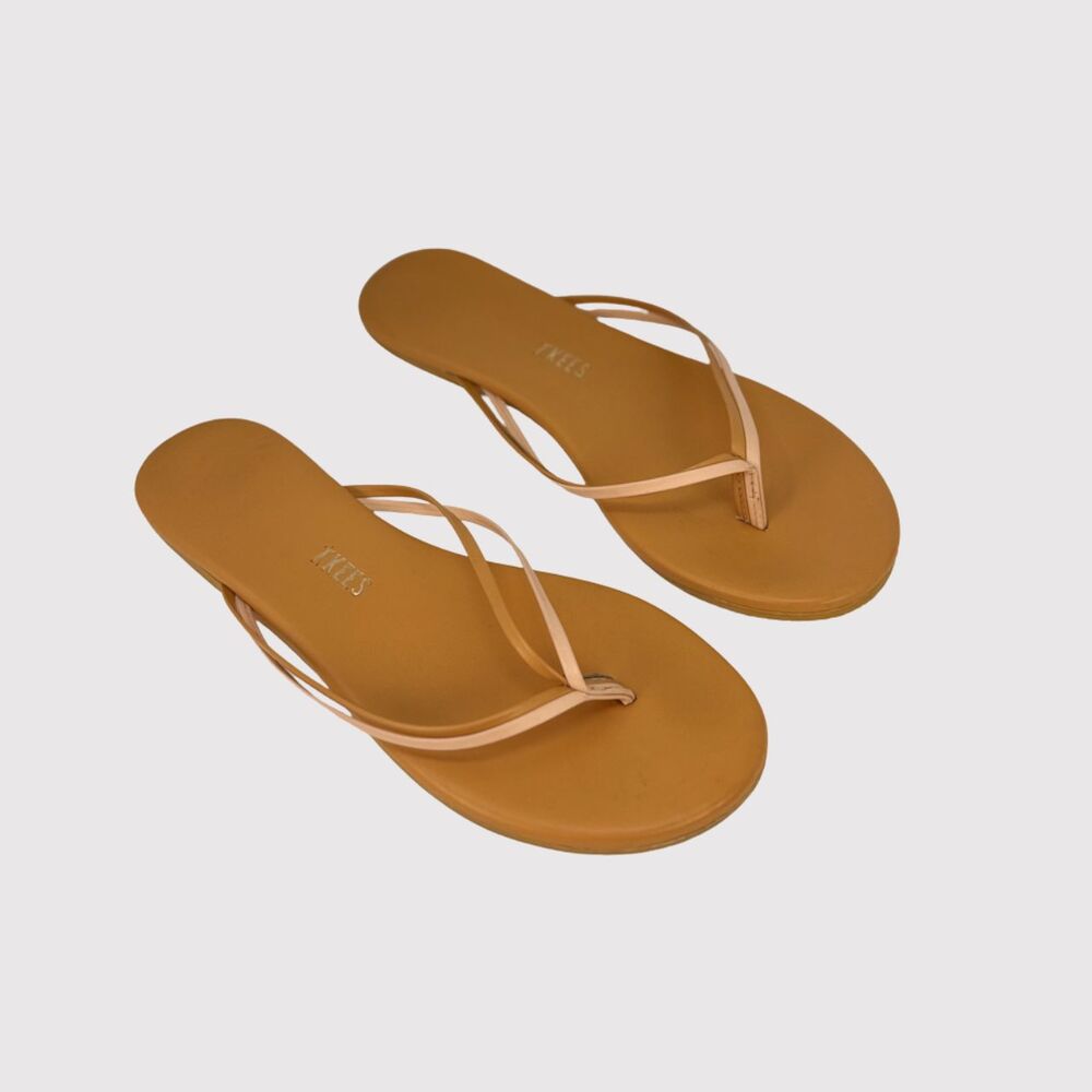 TKKES Womens Sandals Brown Leather Flip Flop Thong Slip On Slides Casual US 6
